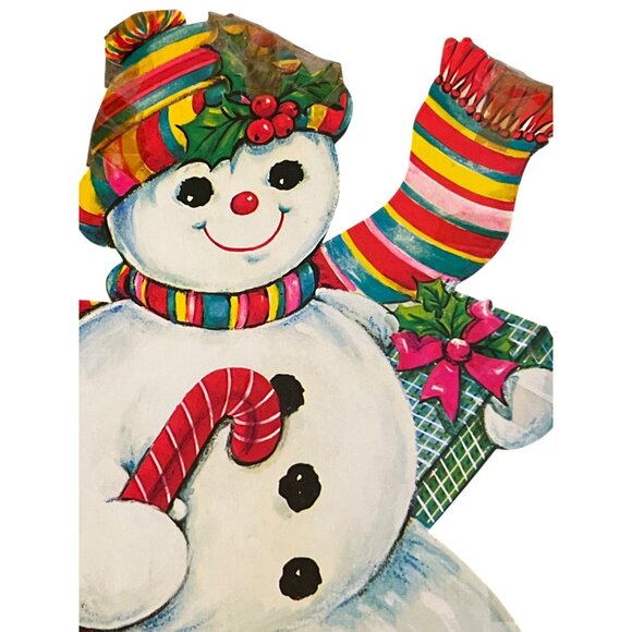 Vintage Christmas Snowman Cardboard Die Cut Cutout Presents Sled Candy Cane - Picture 2 of 4